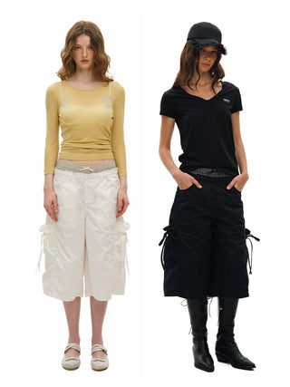 [Moromoro2] Faux Two-piece Waist Cropped  Pants