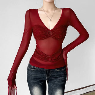 V neck long sleeve o ring lace mesh top