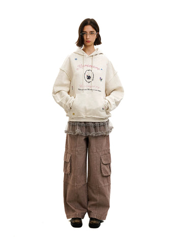 [Moromoro2] Embroidered Floral Hooded  Sweatshirt