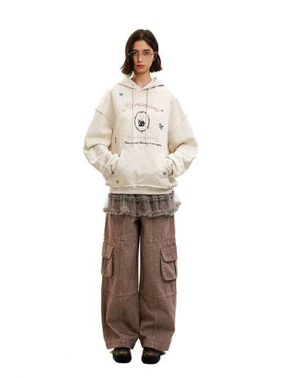 [Moromoro2] Embroidered Floral Hooded  Sweatshirt