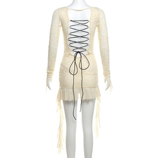 Long sleeve lace up lace ruffle mini dress