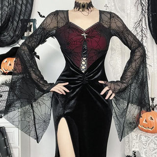 Long flared sleeve spider web slit velvet ruched maxi dress