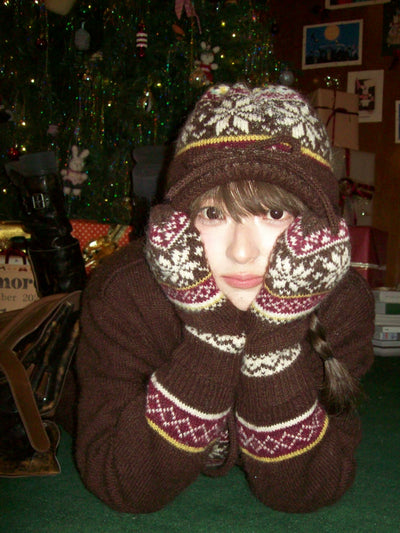 [Moromoro2] Fair Isle Knit Mittens with  Strap