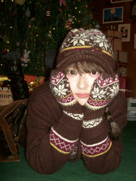 [Moromoro2] Fair Isle Knit Mittens with  Strap
