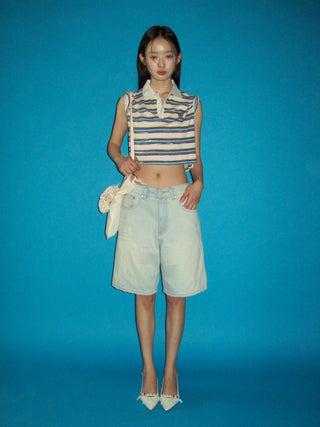 [moromoro2] Striped Crop T-Shirt