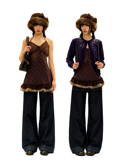 [Moromoro2] Star Polka Dot Mesh Fur Trim Cami  Dress