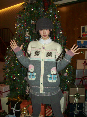 [Moromoro2] Snowman Fair Isle Knit Cardigan