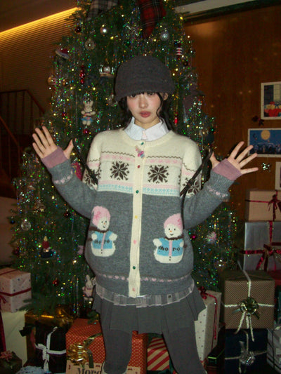 [Moromoro2] Snowman Fair Isle Knit Cardigan