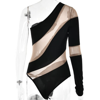 Irregular one shoulder mesh button bodysuit