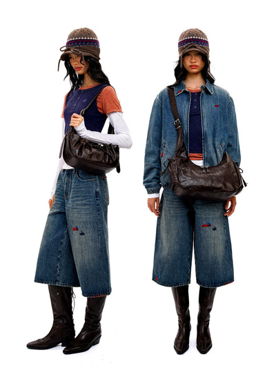 [Moromoro2] Distressed Patch Cropped Jeans