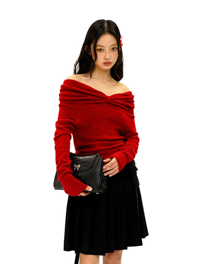[Moromoro2] Bow Pleated Off-shoulder Knit  Sweater