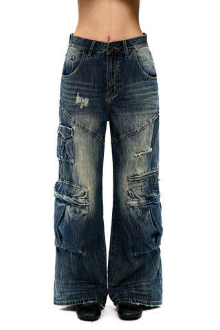 [Moromoro2] Distressed Gradient Rhinestone Denim  Shirt/Utility Pant