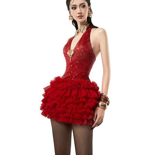 Glitter deep V neck ruched halter ruffle mini dress