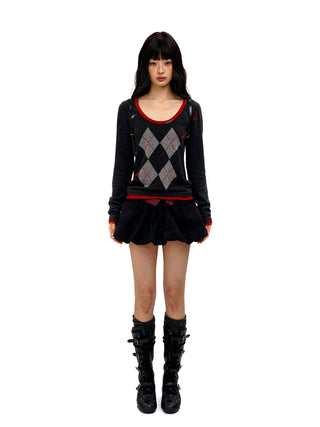 [Moromoro2] Argyle Faux Two-piece Sweater