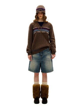 [Moromoro2] Fair Isle Faux Two-piece  Sweater