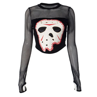 Long sleeve crewneck fishnet hole head pattern top