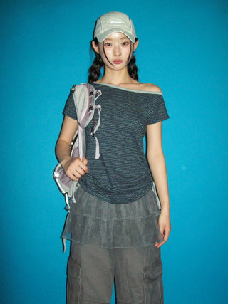 [moromoro2] Striped Wide Neckline T-shirt