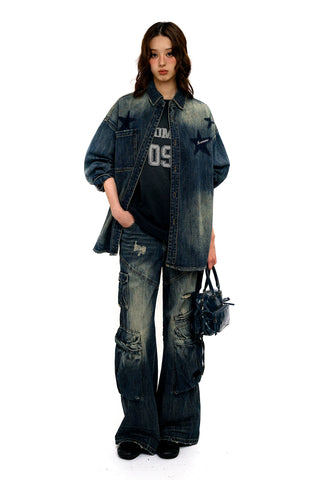 [Moromoro2] Distressed Gradient Rhinestone Denim  Shirt/Utility Pant