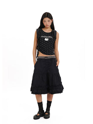 [Moromoro2] Faux Two-piece Plaid A-line  Skirt