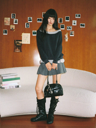 [Moromoro2] Faux Two-piece Off-shoulder Ruffle  Sweatshirt