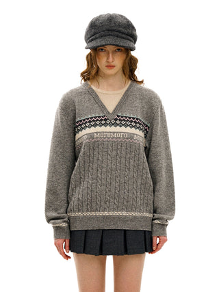 [Moromoro2] Fair Isle Faux Two-piece  Sweater