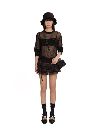 [moromoro2] Floral Mesh Pleated Skirt