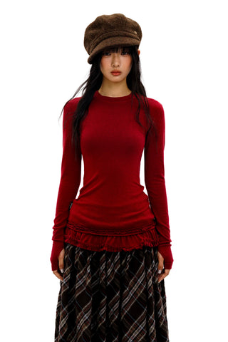 [Moromoro2] Double-layer Lace Hem T-shirt