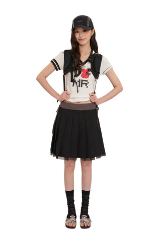[moromoro2] Side-Tie Layered Mesh Pleated  Skirt