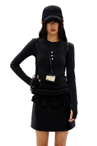 [Moromoro2] Double-layer Lace Hem T-shirt