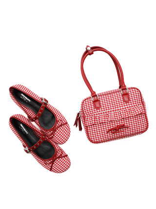 [Moromoro2] Red Plaid Square Toe Ballet  Flats