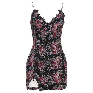 V neck lace flower print cami mini dress