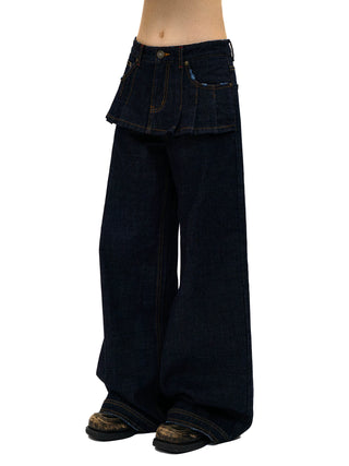 [Moromoro2] Distressed Pleated Skirt Hem Denim  Pants