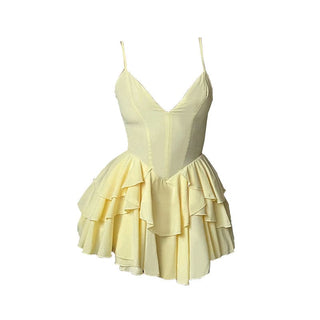 V neck ruffle backless cami mini dress
