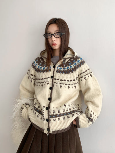 Retro Jacquard Hooded Sweater