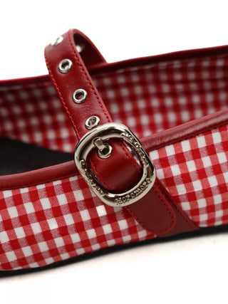[Moromoro2] Red Plaid Square Toe Ballet  Flats