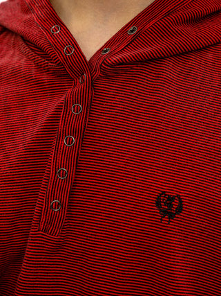 [Moromoro2] Striped Henry Collar Hooded Long Sleeve  Tee