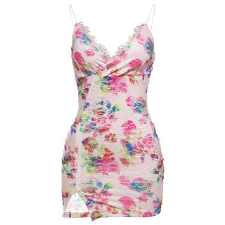 V neck lace flower print cami mini dress