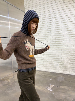 [NeverSeez] Striped Hooded Base Layer Knit Top