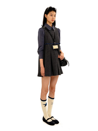 [Moromoro2] Layered Collegiate Pleated Vest  Dress