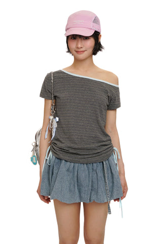 [moromoro2] Striped Wide Neckline T-shirt