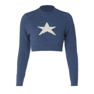 Long sleeve crewneck star pattern contrast crop top