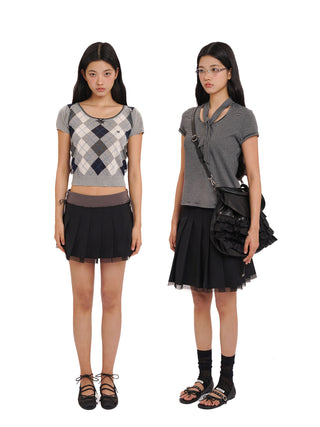 [moromoro2] Side-Tie Layered Mesh Pleated  Skirt