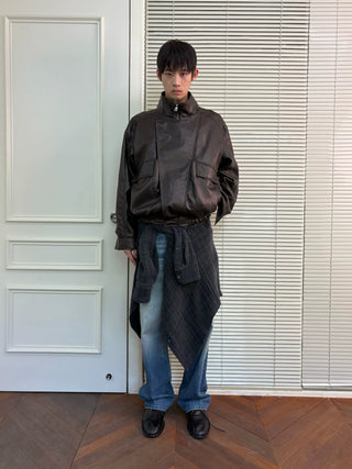 [NeverSeez] Stand Collar Asymmetrical PU Leather Jacket