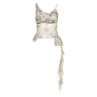 Flower print mesh ruffle cami top