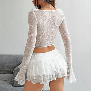 Long flared sleeve v neck ruffle lace corset top