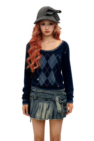 [Moromoro2] Argyle Faux Two-piece Sweater