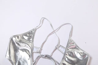 Cross front metallic backless bodysuit