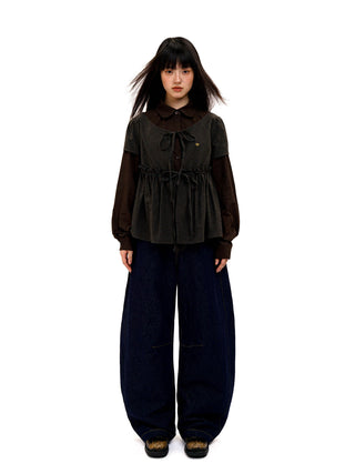 [Moromoro] Faux Two-piece Plaid Ruffled  Shirt