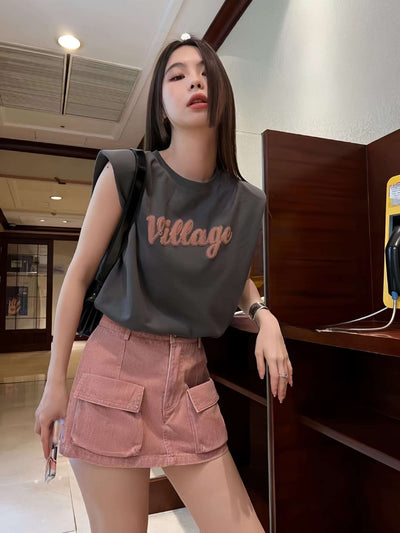 Loose Sleeveless shoulder Pad T-shirt