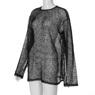 Long sleeve crewneck hollow out see through cut out top